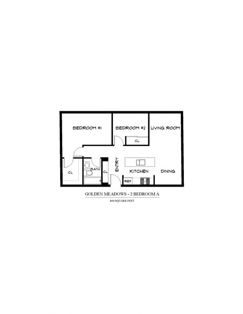 Floor plan for 2 beds, 1 bath, 840 sqft